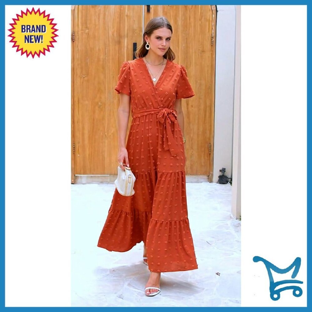 Swiss Dot Maxi Dress Wrap V Neck Flutter Sleeve Boho Wedding Guest - Picture 8 of 8